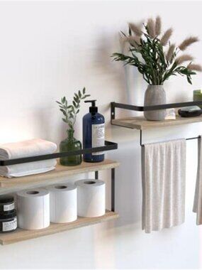 New 2+1 Tier Wall Mounted Floating Shelves Set of 2, Rustic Wood Wall